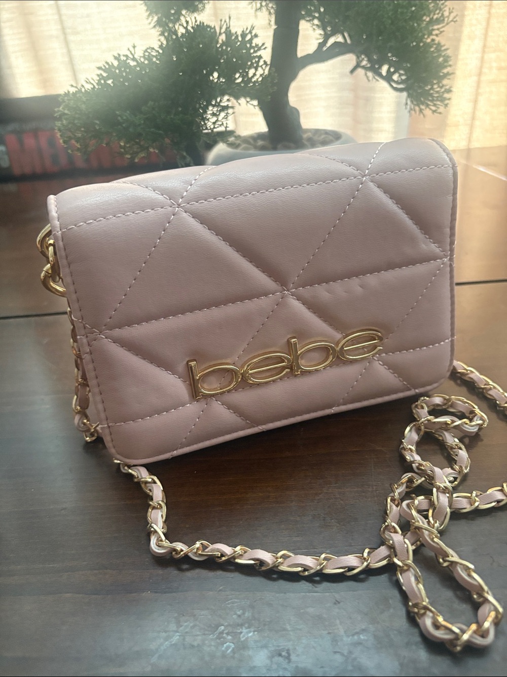 bebe Quilted Crossbody Bag in Pale Pink with Gold Hardware